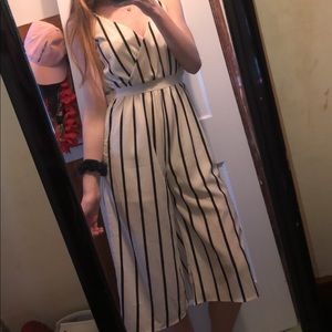 boohoo white with black striped jumpsuit